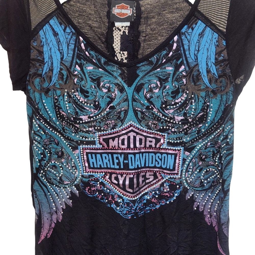 Harley-Davidson Womens Rhinestone Wing Graphic Mesh Lace Back Top Black M Sheer